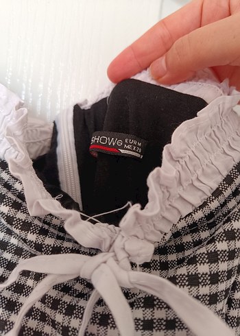 Dantel Detaylı Beyaz Kareli Mini Elbise - Görsel 3