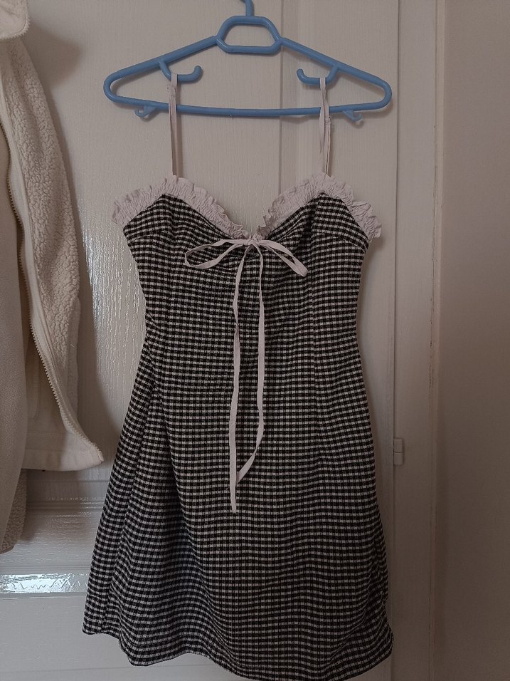 Dantel Detaylı Beyaz Kareli Mini Elbise - Görsel 2