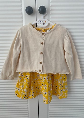 Çiçek Detaylı Sarı Kız Çocuk Elbise ve Hırka - Görsel 2