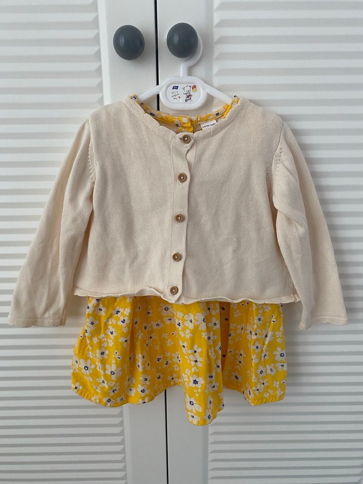 Çiçek Detaylı Sarı Kız Çocuk Elbise ve Hırka - Görsel 2