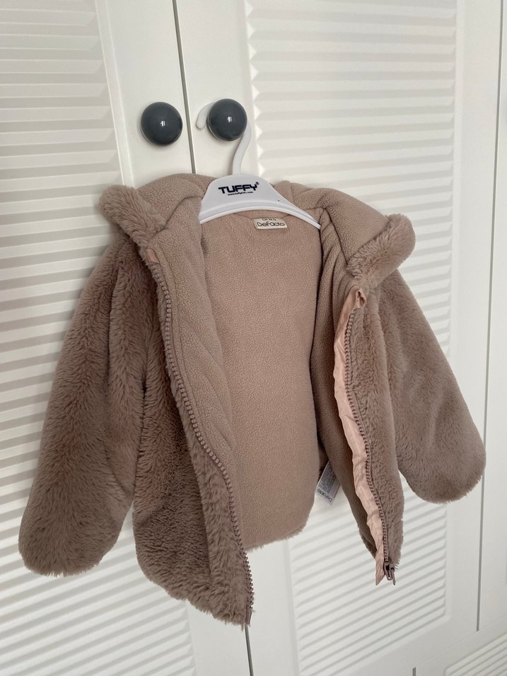 Kapüşonlu Bej Peluş Kız Mont - Görsel 2