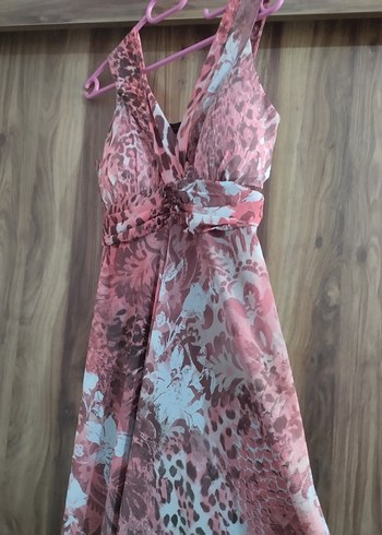 Pembe V Yaka Drapeli Uzun Bohem Elbise