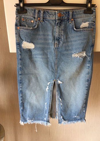 Yırtık Detaylı Mavi Denim Midi Etek - Görsel 2