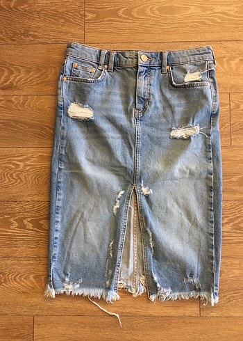 Yırtık Detaylı Mavi Denim Midi Etek - Görsel 5