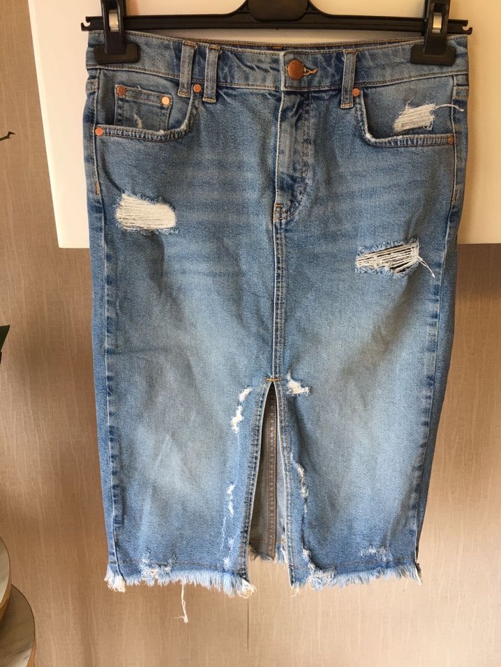 Yırtık Detaylı Mavi Denim Midi Etek - Görsel 2