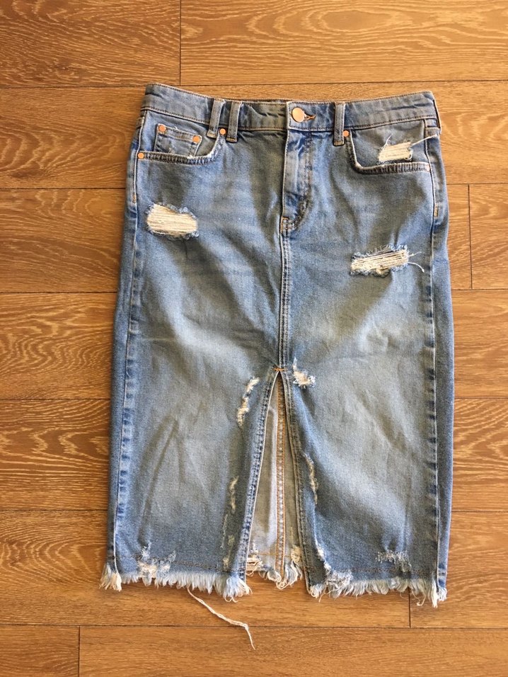 Yırtık Detaylı Mavi Denim Midi Etek - Görsel 5