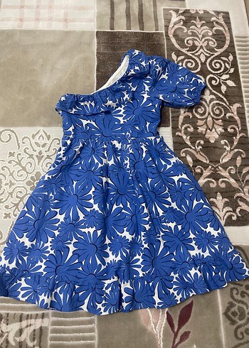 Mavi Çiçekli Volanlı Kız Çocuk Elbisesi - Görsel 2