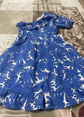 Mavi Çiçekli Volanlı Kız Çocuk Elbisesi - Görsel 3