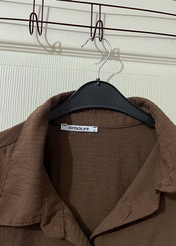 Kadın Kahverengi Keten Gömlek ve çanta - Görsel 2