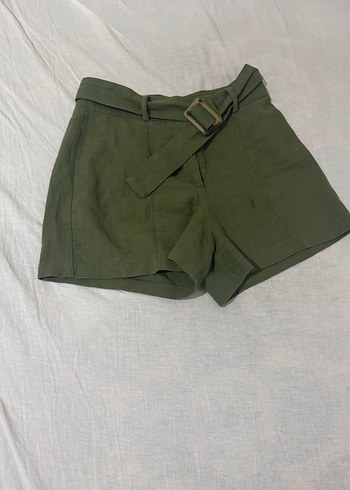 36 Beden Kadın Kemerli Koyu Yeşil Keten Mini Şort