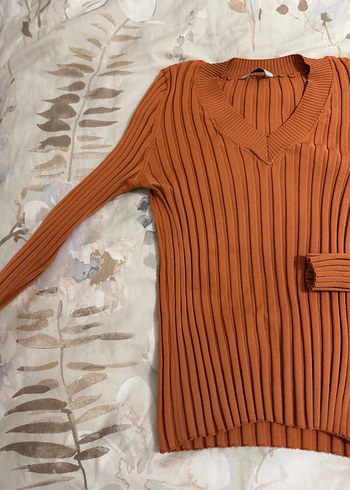 V Yaka Uzun Kollu Kahverengi Triko Kazak - Görsel 2