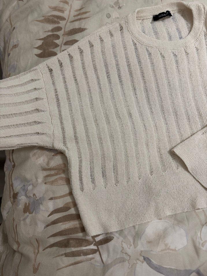 Beyaz Örgü Kadın Kazak, Uzun Kollu, Rahat Kesim - Görsel 3