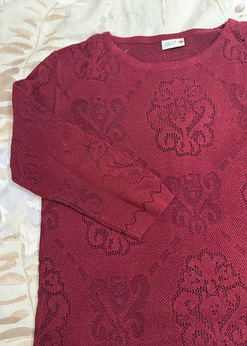 Bordo Dantel Detaylı Bohem Triko Bluz - Görsel 2