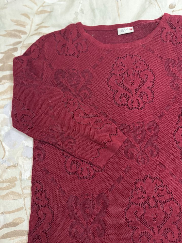 Bordo Dantel Detaylı Bohem Triko Bluz - Görsel 2