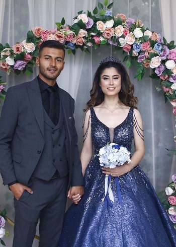 38 Beden Parlak Lacivert Uzun Abiye Elbise
