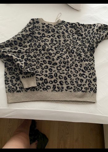xl Beden gri Renk Gri Leopar Desenli Örgü Kadın Kazak