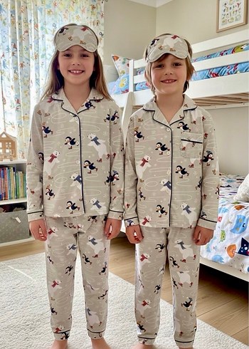 %100 Pamuk Penguen Desenli Gri Çocuk Pijama Takımı - Görsel 5