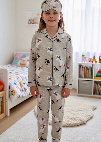 %100 Pamuk Penguen Desenli Gri Çocuk Pijama Takımı - Görsel 6