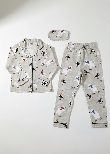 %100 Pamuk Penguen Desenli Gri Çocuk Pijama Takımı - Görsel 4