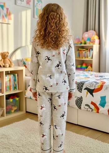 %100 Pamuk Penguen Desenli Gri Çocuk Pijama Takımı - Görsel 3