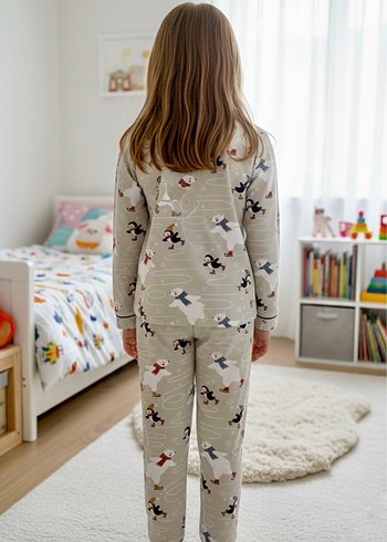 %100 Pamuk Penguen Desenli Gri Çocuk Pijama Takımı - Görsel 7