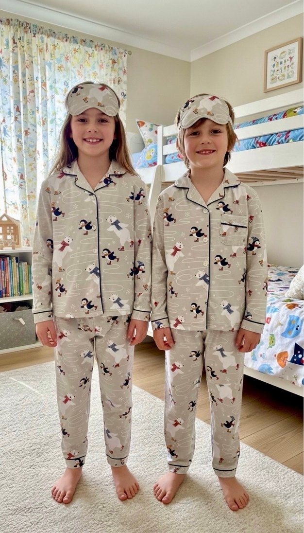 %100 Pamuk Penguen Desenli Gri Çocuk Pijama Takımı - Görsel 5