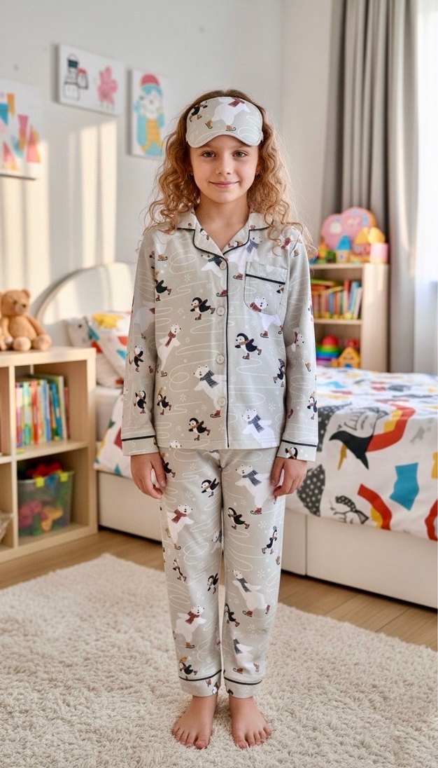 %100 Pamuk Penguen Desenli Gri Çocuk Pijama Takımı - Görsel 2