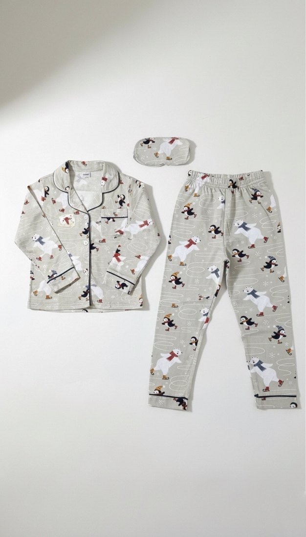 %100 Pamuk Penguen Desenli Gri Çocuk Pijama Takımı - Görsel 4