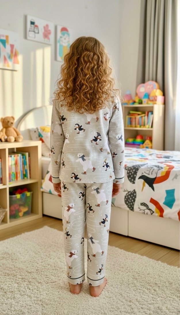 %100 Pamuk Penguen Desenli Gri Çocuk Pijama Takımı - Görsel 3