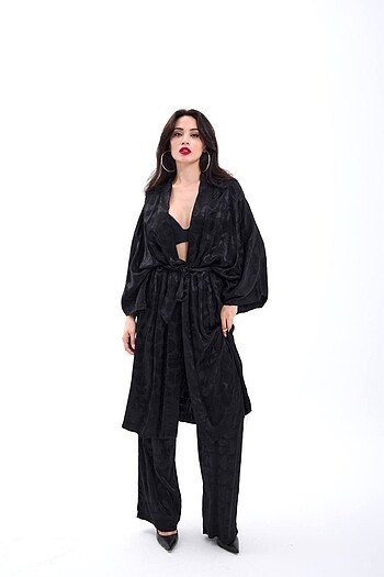 Siyah Saten Kimono Takım