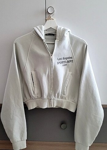 Beyaz Kapüşonlu Fermuarlı Kadın Sweatshirt - Görsel 2