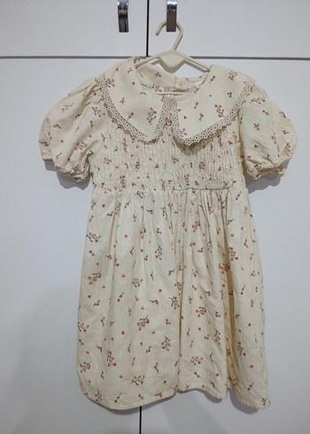 Bej Nakışlı Kız Çocuk Vintage Elbise