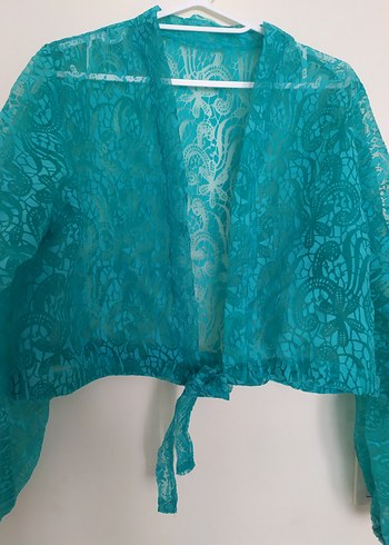 Turkuaz Dantel Detaylı Uzun Kollu Bolero - Görsel 2
