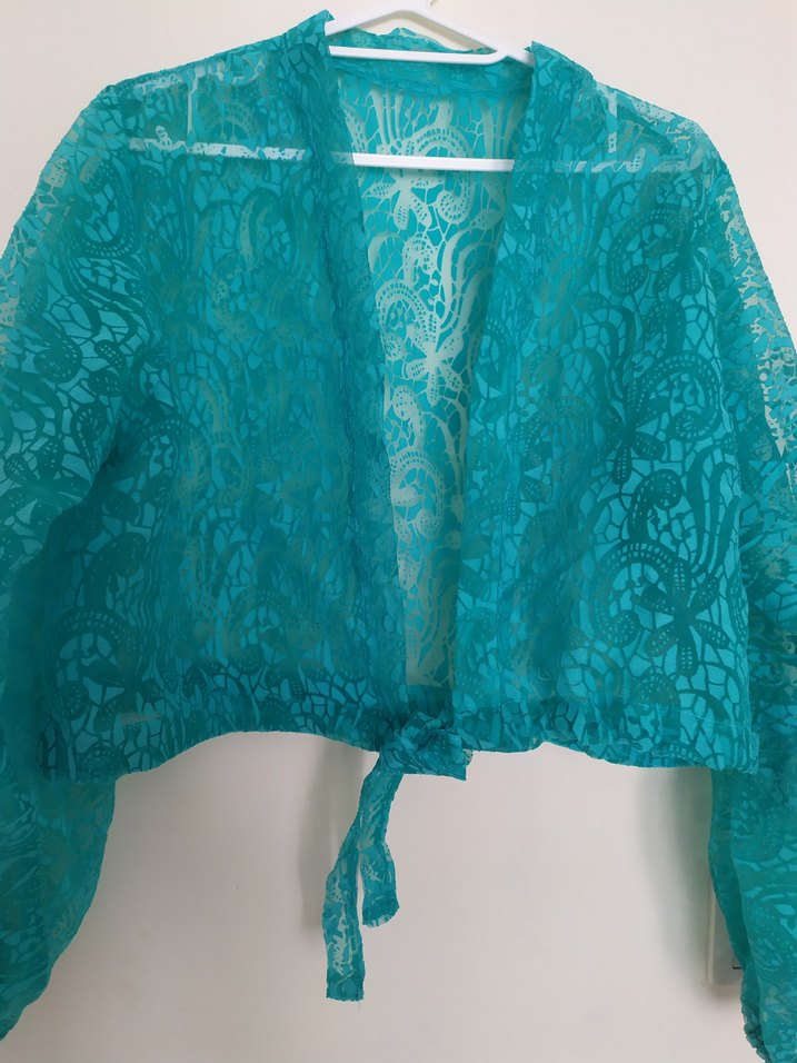 Turkuaz Dantel Detaylı Uzun Kollu Bolero - Görsel 2