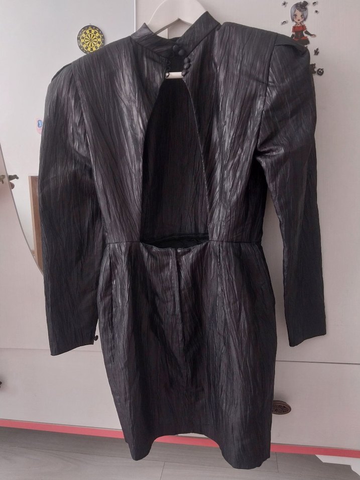 Siyah Deri Midi Kadın elbise - Görsel 3