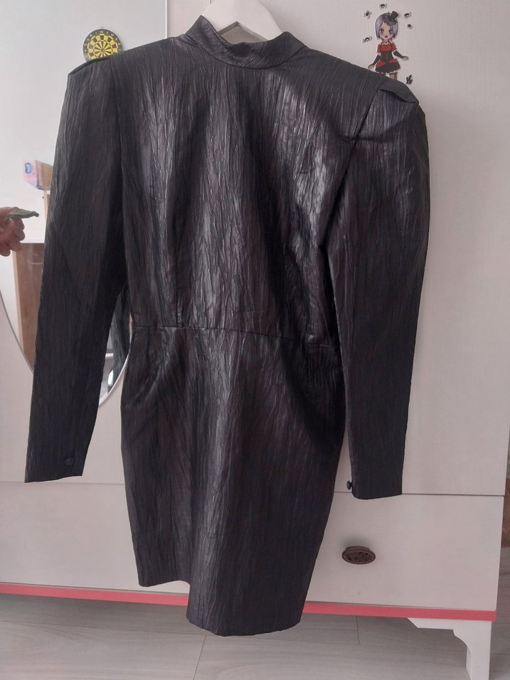 Siyah Deri Midi Kadın elbise - Görsel 2