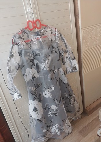 Şeffaf Çiçek Desenli Gri elbise - Görsel 2