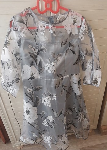 Şeffaf Çiçek Desenli Gri elbise - Görsel 5