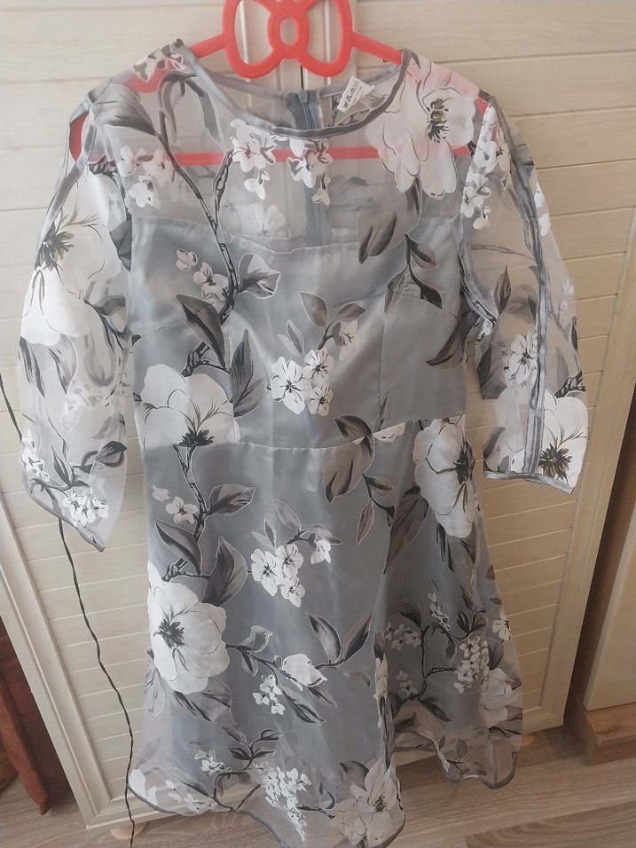 Şeffaf Çiçek Desenli Gri elbise - Görsel 5