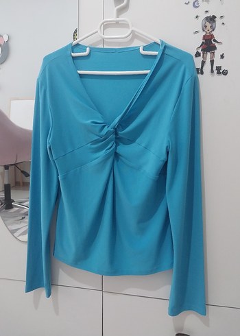 Mavi V Yaka Drapeli Uzun Kollu Bluz - Görsel 3