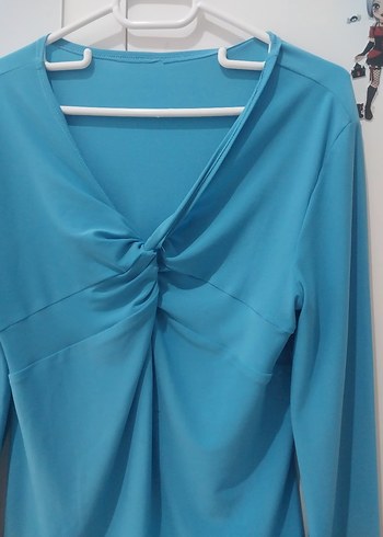 Mavi V Yaka Drapeli Uzun Kollu Bluz - Görsel 2