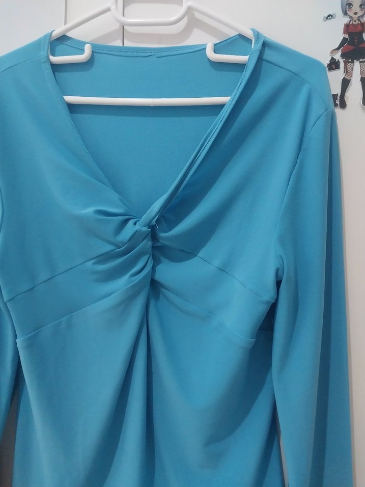 Mavi V Yaka Drapeli Uzun Kollu Bluz - Görsel 2