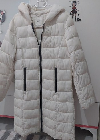 Beyaz Kapüşonlu Kadın uzun Kışlık Mont - Görsel 2