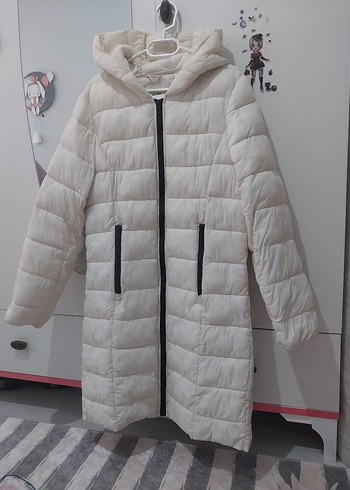 Beyaz Kapüşonlu Kadın uzun Kışlık Mont - Görsel 5