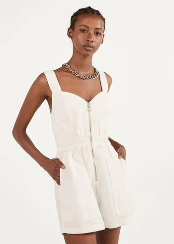 Beyaz Keten Mini Tulum Fermuarlı - Görsel 4