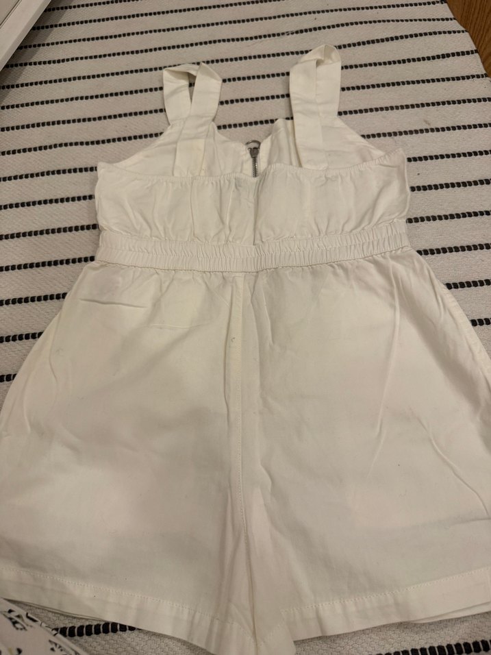 Beyaz Keten Mini Tulum Fermuarlı - Görsel 2