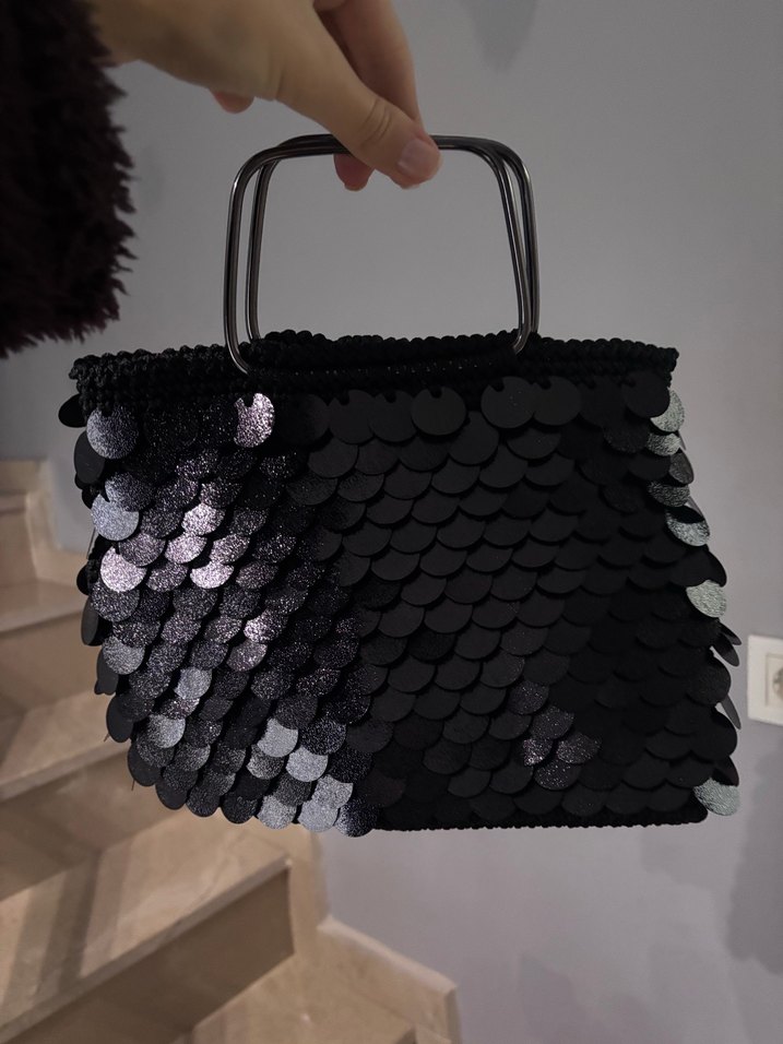 Siyah Payetli Örgü Kadın Çanta - Görsel 2