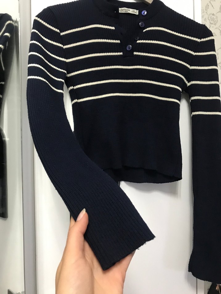 Çizgili Yüksek Yakalı Kadın Triko Kazak - Görsel 3