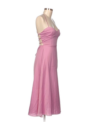 Pembe İp Askılı Uzun Saten Elbise - Görsel 2