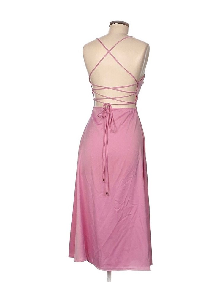 Pembe İp Askılı Uzun Saten Elbise - Görsel 3